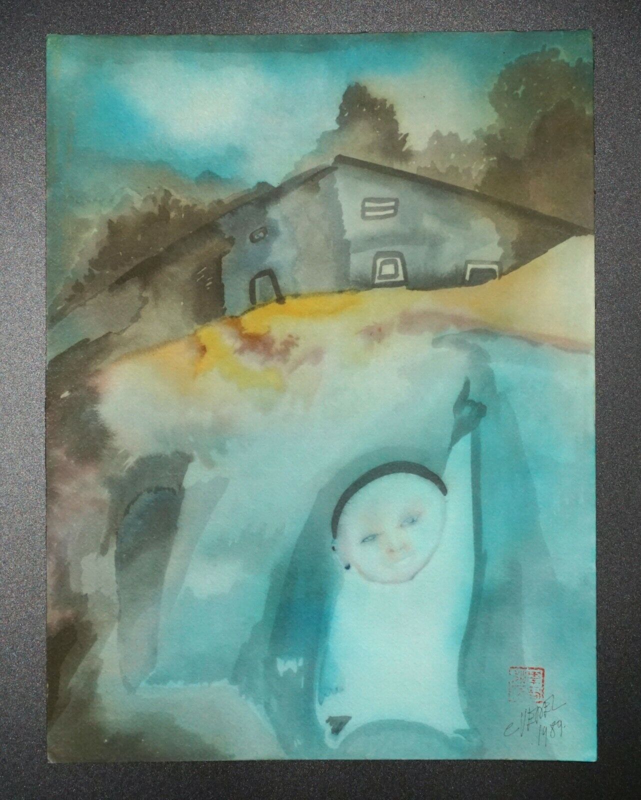 '89 France Hawaii Outsider Art WC Painting Small Child by Claude Vedel (EtJ)#60