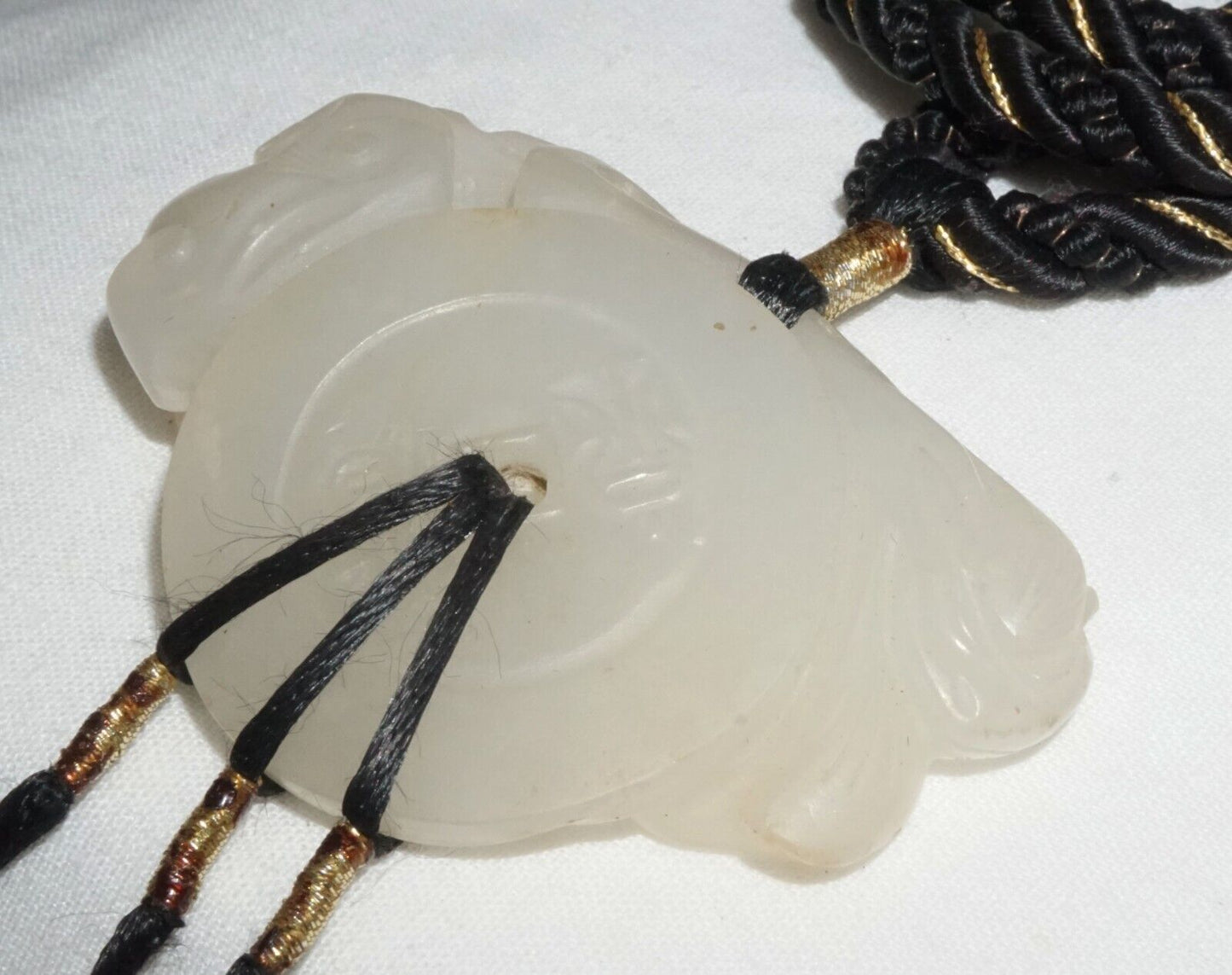 19C Chinese Nephrite Jade Pendant w. Bat & Coin Motif on Cord Necklace (FeL)