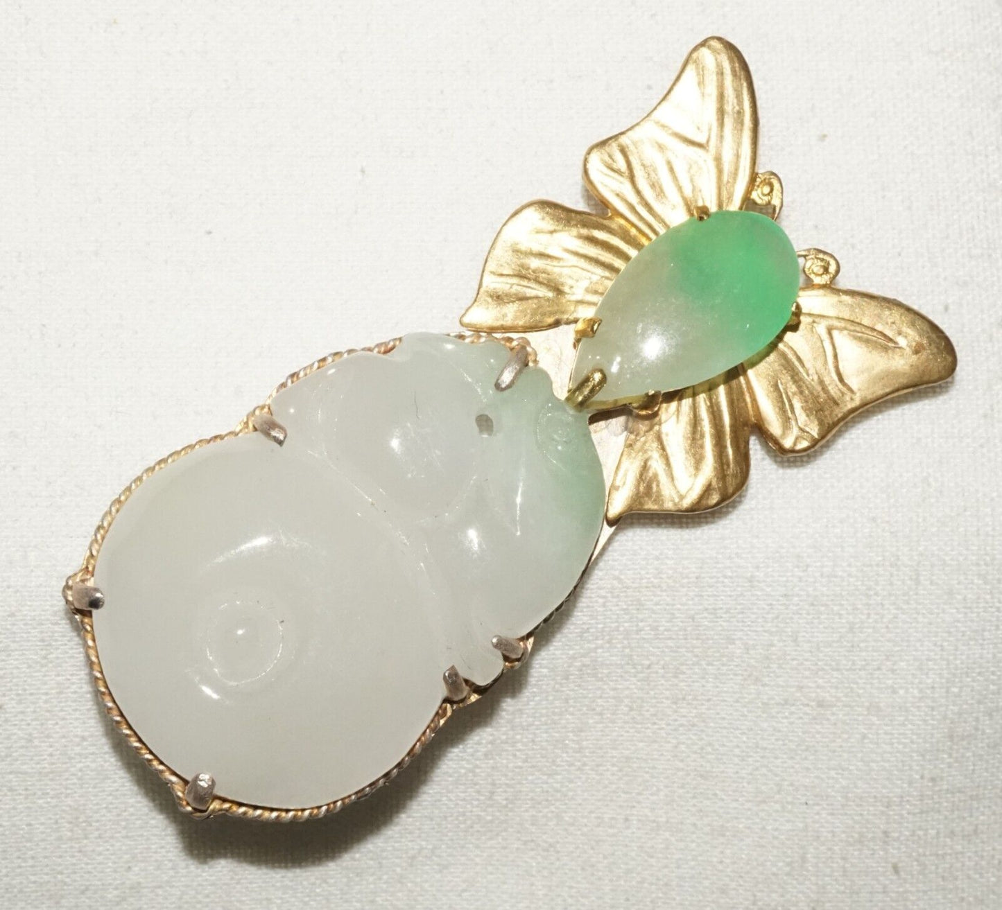 Vintage Chinese Fashion Jadeite Jade Butterfly Motif Brooch Pendant (LeP)