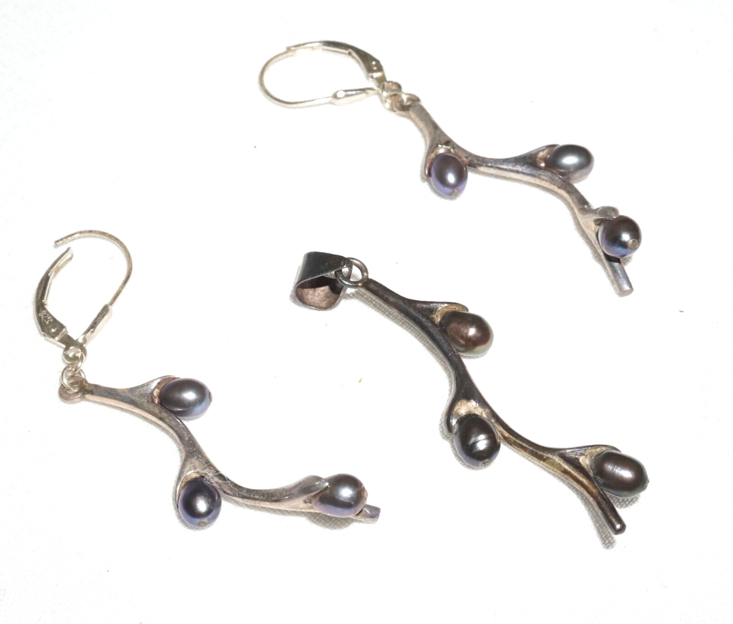 3Pc Vtg Sterling Silver & Grey Pearl Branch Motif Earrings & Pendant set (JoD)