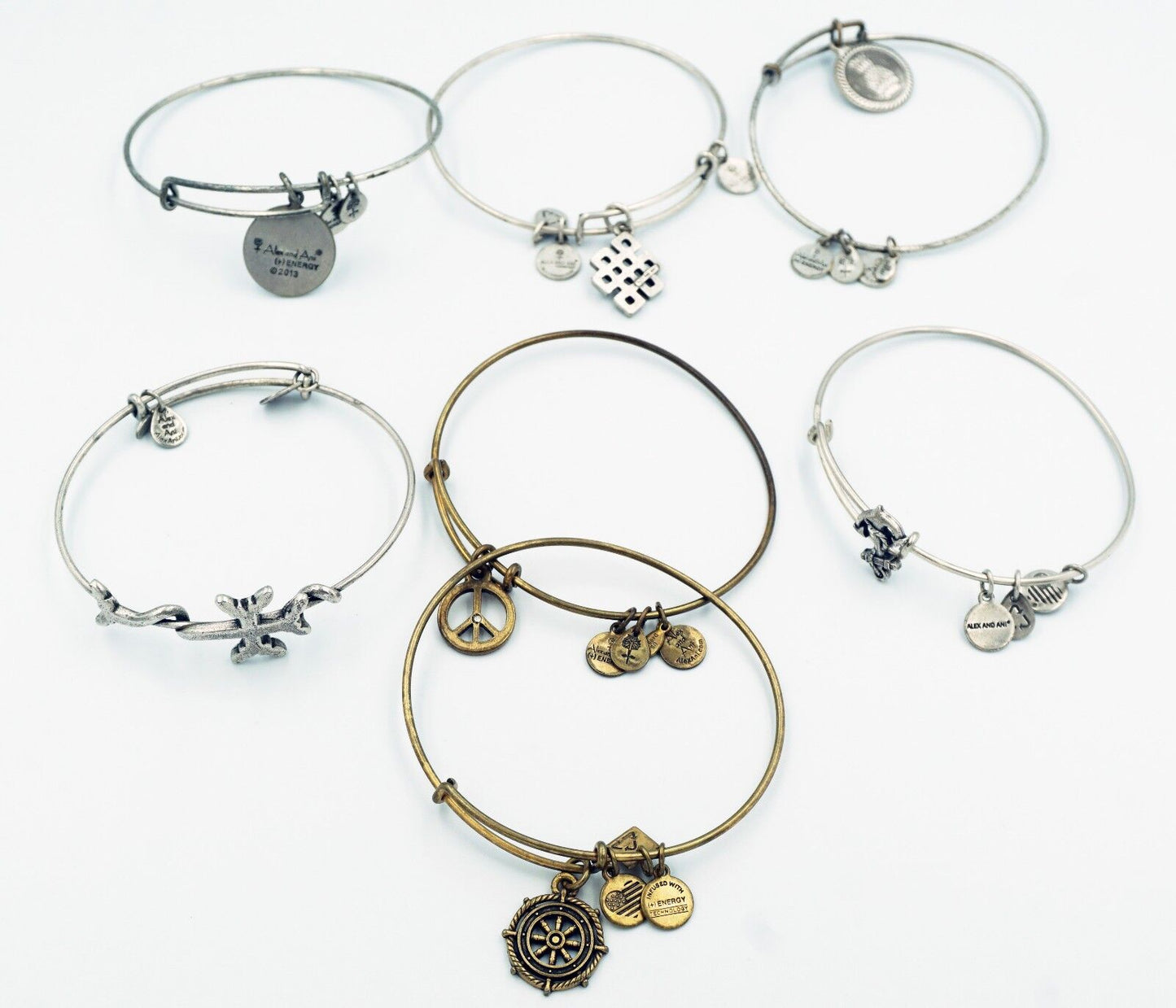 7x Alex and Ani Brand Mixed Lot Adjustable Bracelets w. Cross & Peace (Tra)