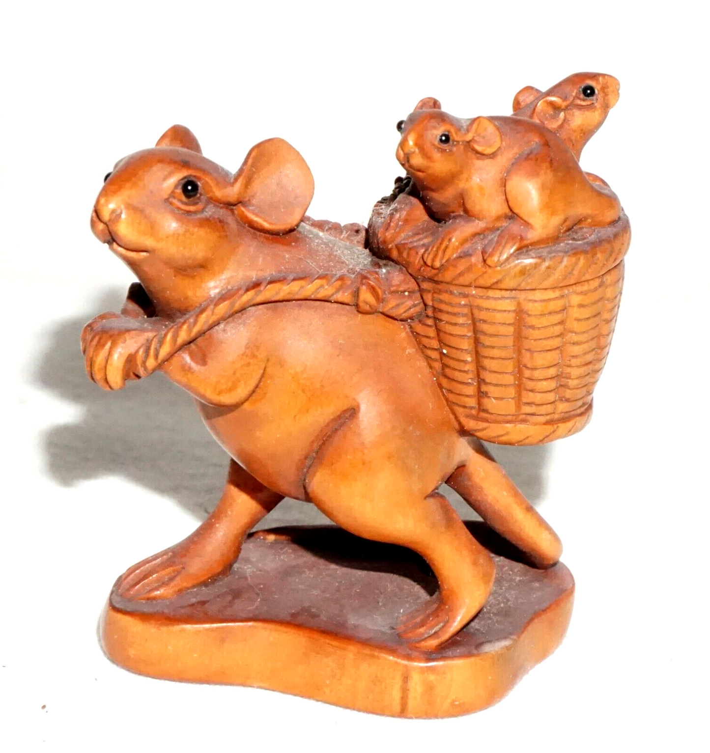 Vintage Japanese Carved Wooden Netsuke Mouse w. Basket & Babies (FeH