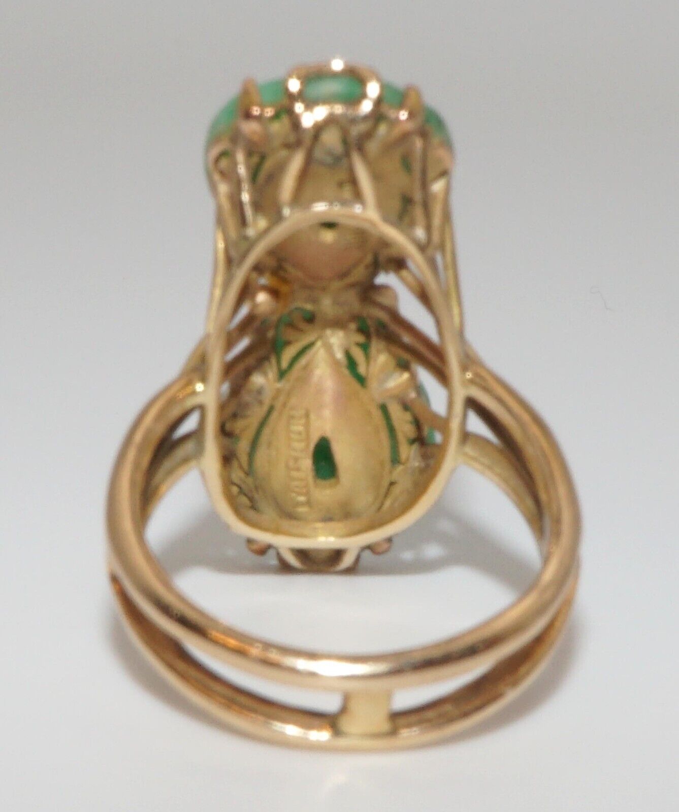14k Gold Wireframe Ring w 2 Buddha Shaped Apple-Green Jades Sz. 7 1/2 (ArS)