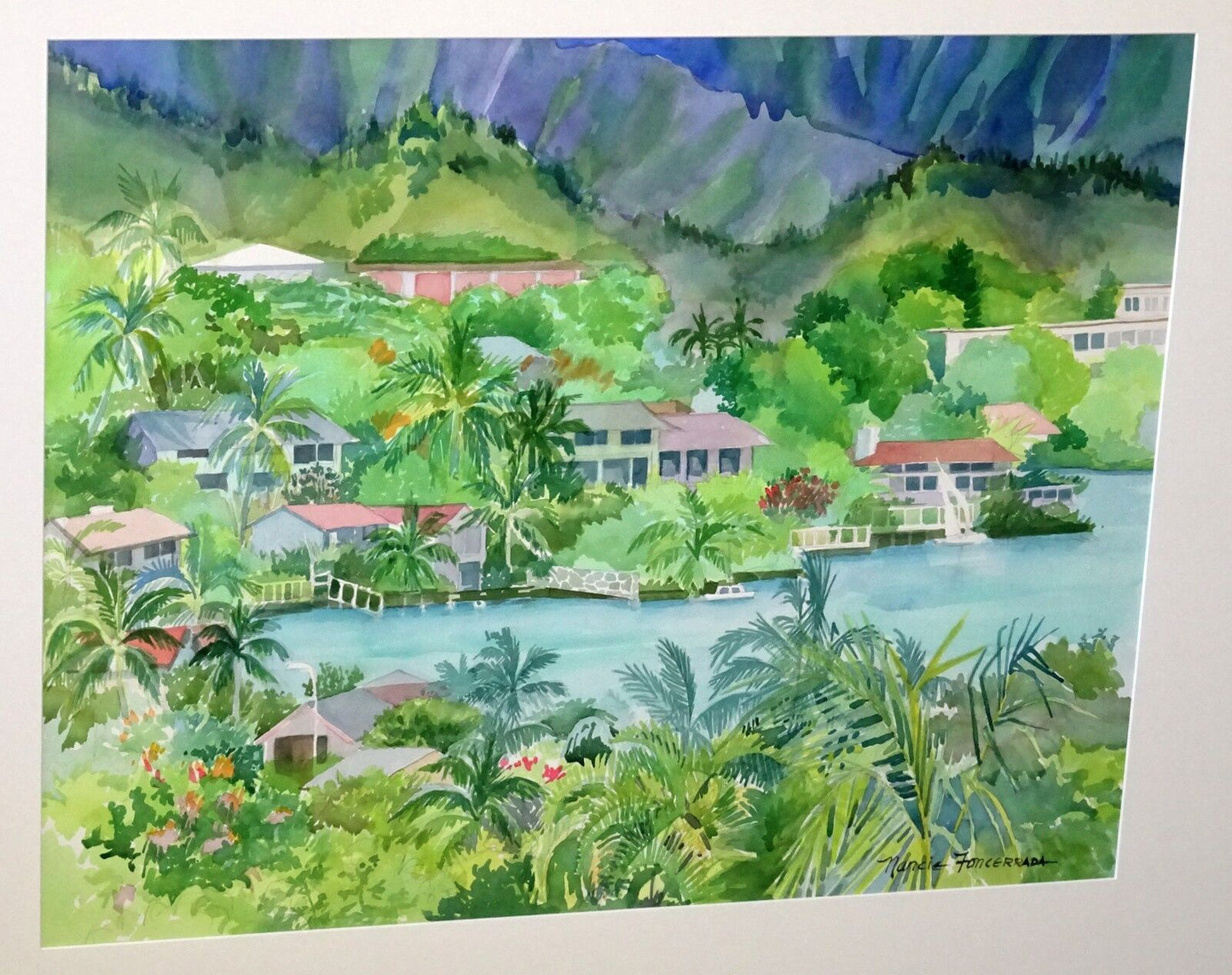 1990s Hawaii WC Painting "Windward Oahu Bay View" by Nancy Foncerrada (MoJ)