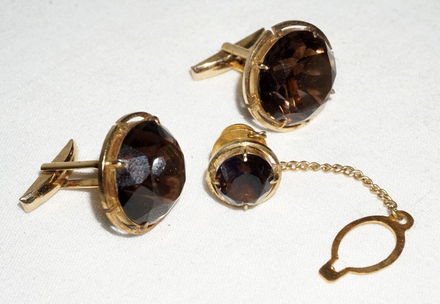 3Pc Vintage Gold Plated Silver Cufflinks & Tie Tack w. 3x Smokey Quartz (---)