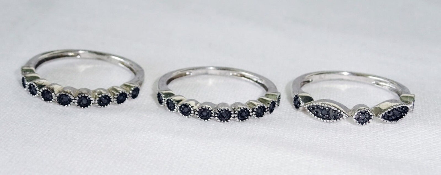 3x Vintage Sterling Silver Rings Sz 5.25 set w. Black Diamonds (Ng)