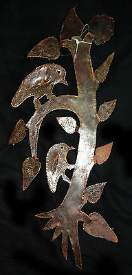 80s HAITIAN PAINTED METAL SCULPTURE "BIRDS on a TREE" by A. LEANDRE 2nd (Stea)