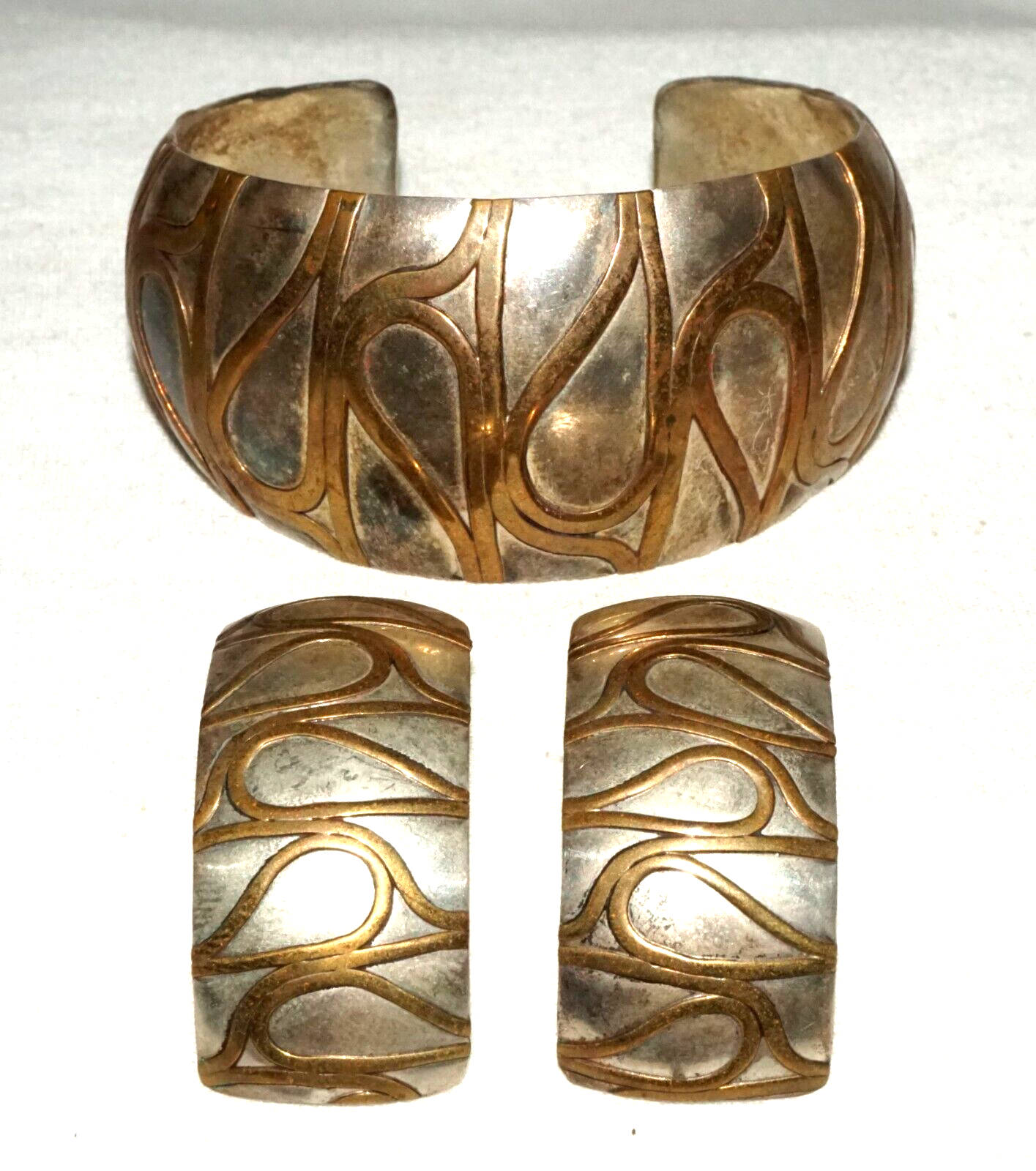 3Pc Vintage Silver & Brass Curvilinear Motif Cuff Bracelet & Earring by GM (KiL)