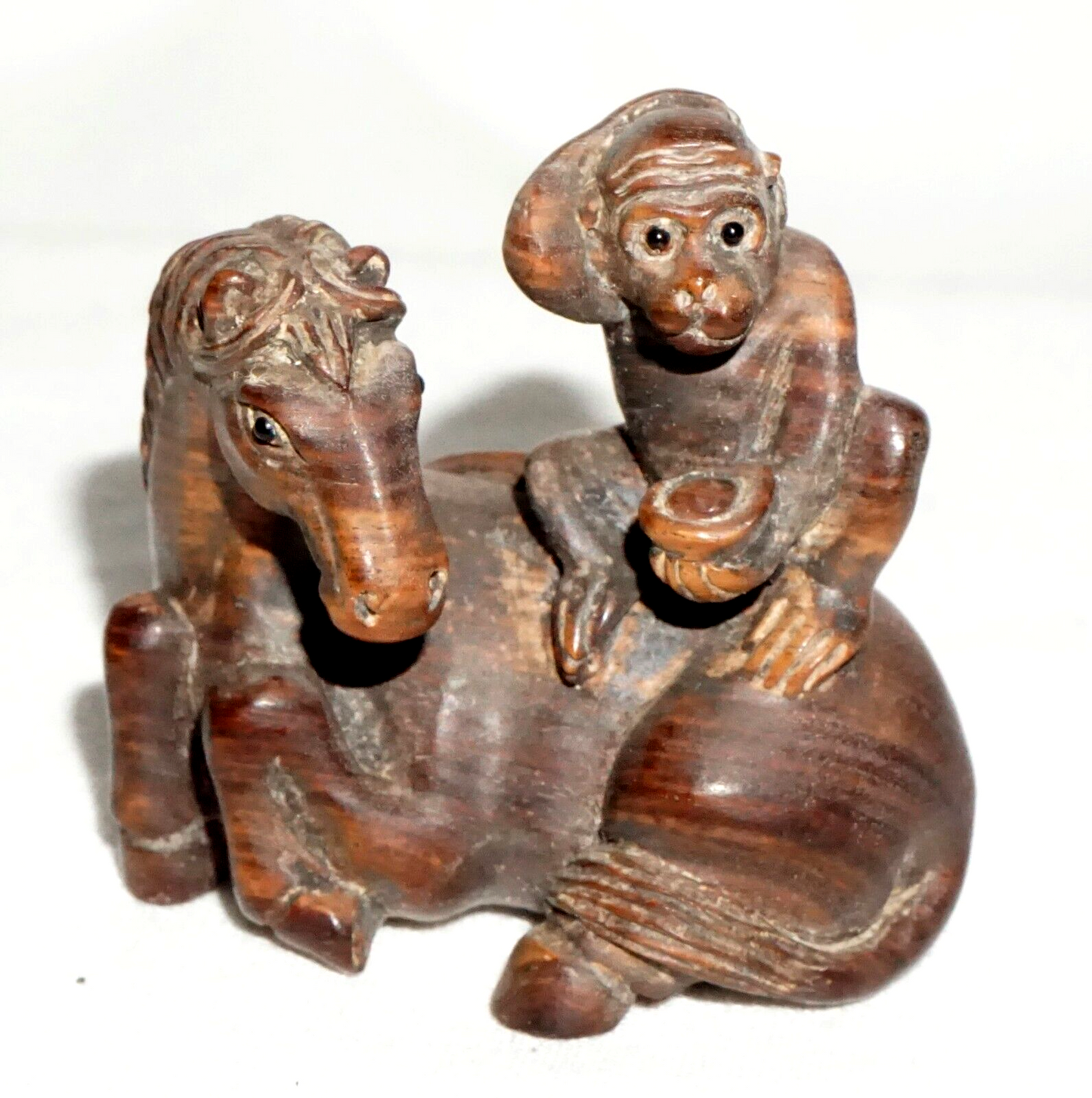 Vintage Japanese Carved Wooden Netsuke Monkey Seated on a Horse signed (FeH