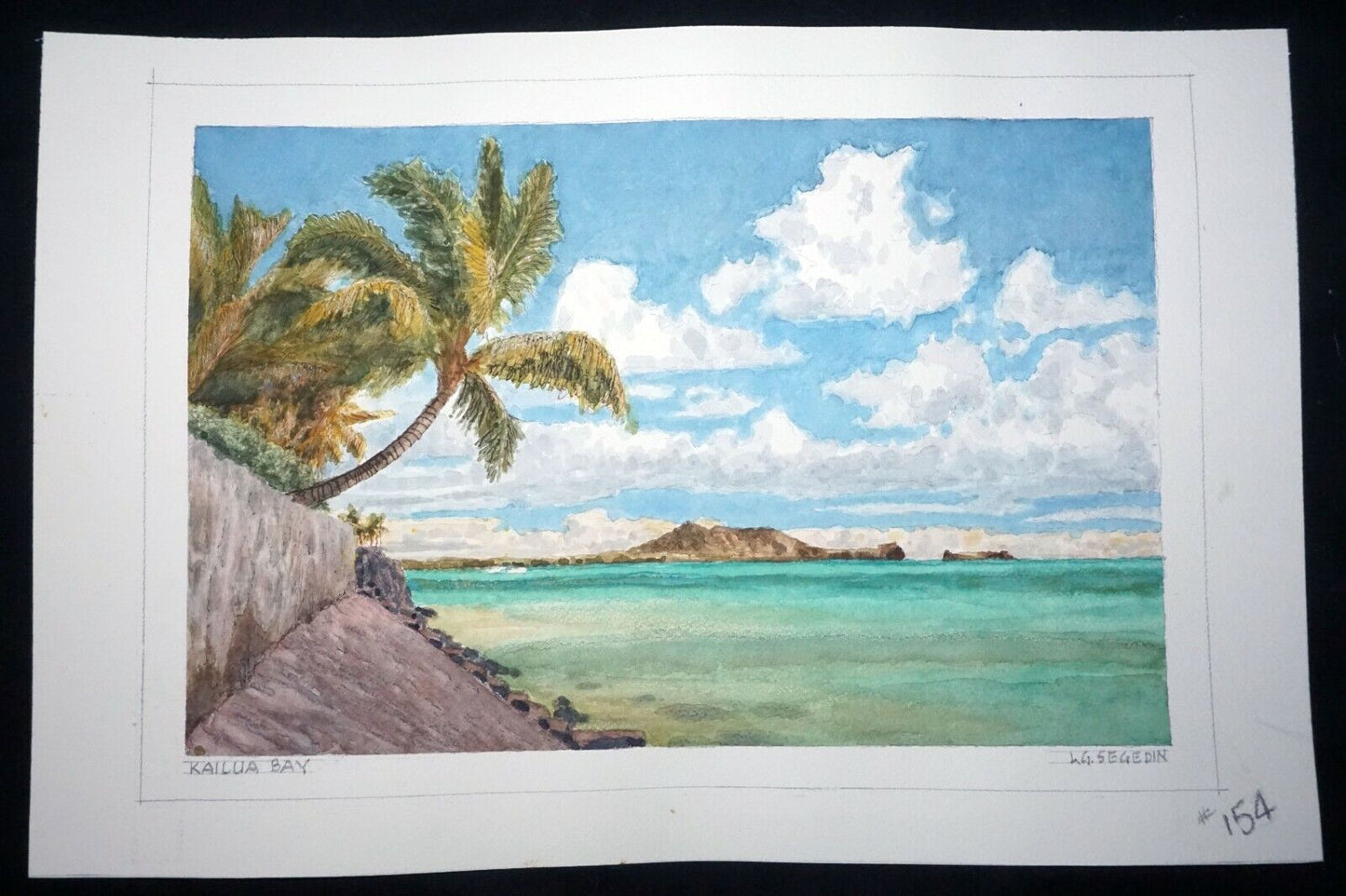 Hawaii Watercolor Painting "Palms at Kailua Bay, Oahu" by L. Segedin #154