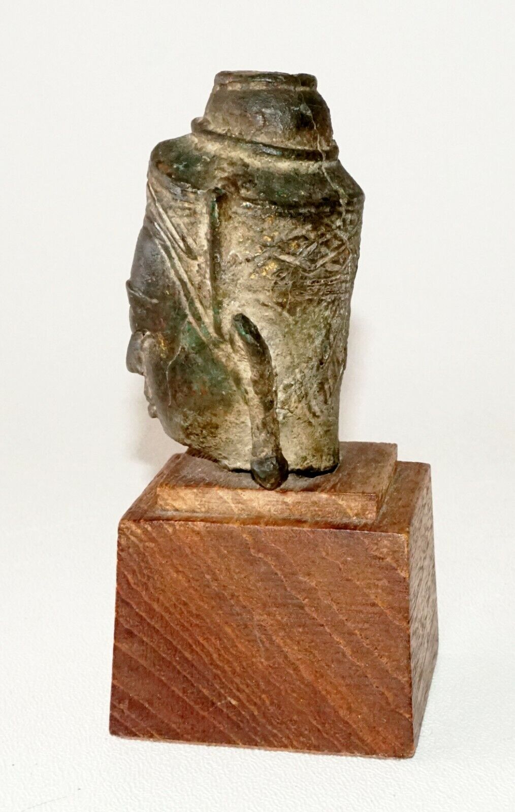 Antique S.E. Asian Mounted Bronze Buddha Head Fragment on Wooden Base (TaE)