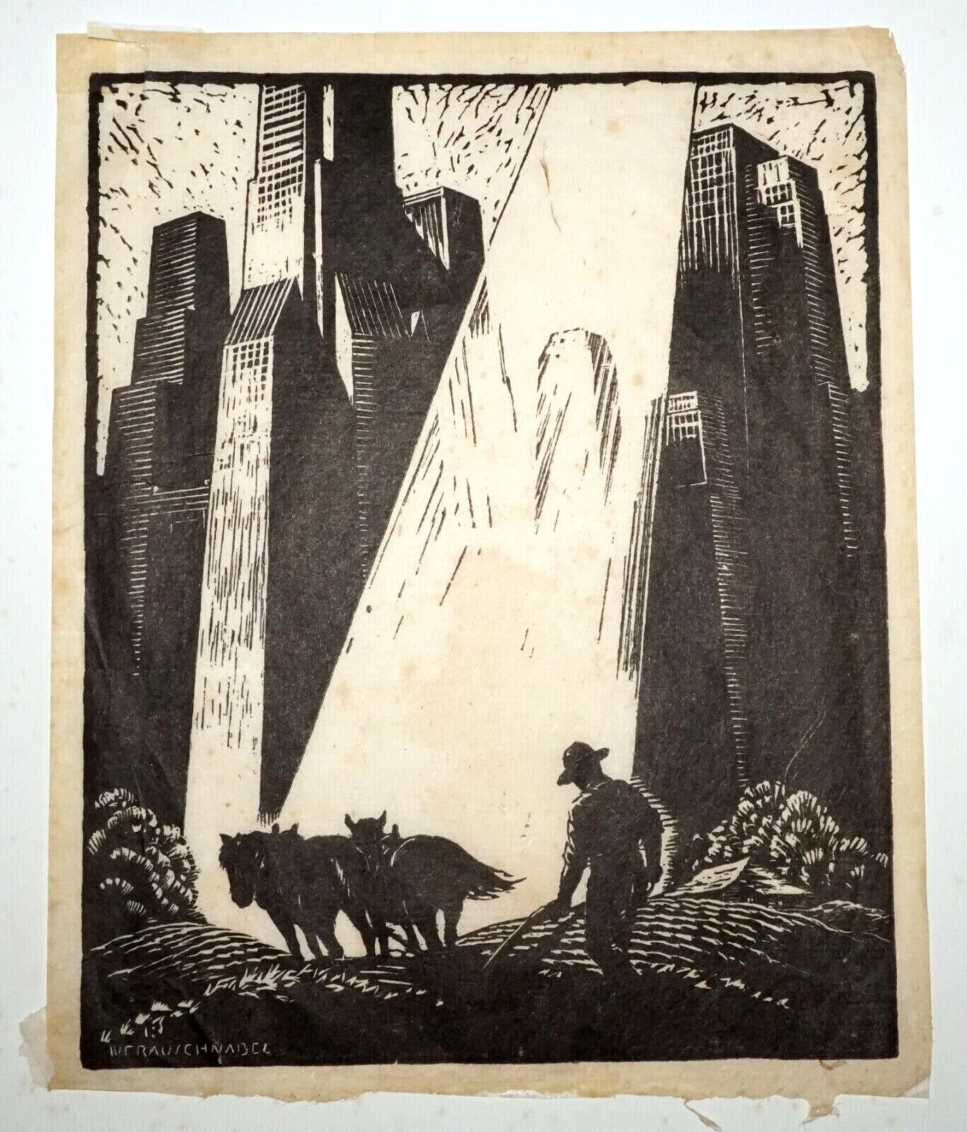 1940s US Lino Cut Print "Old & New" William Fredrick Rauschnabel (1883-1947)(FeH