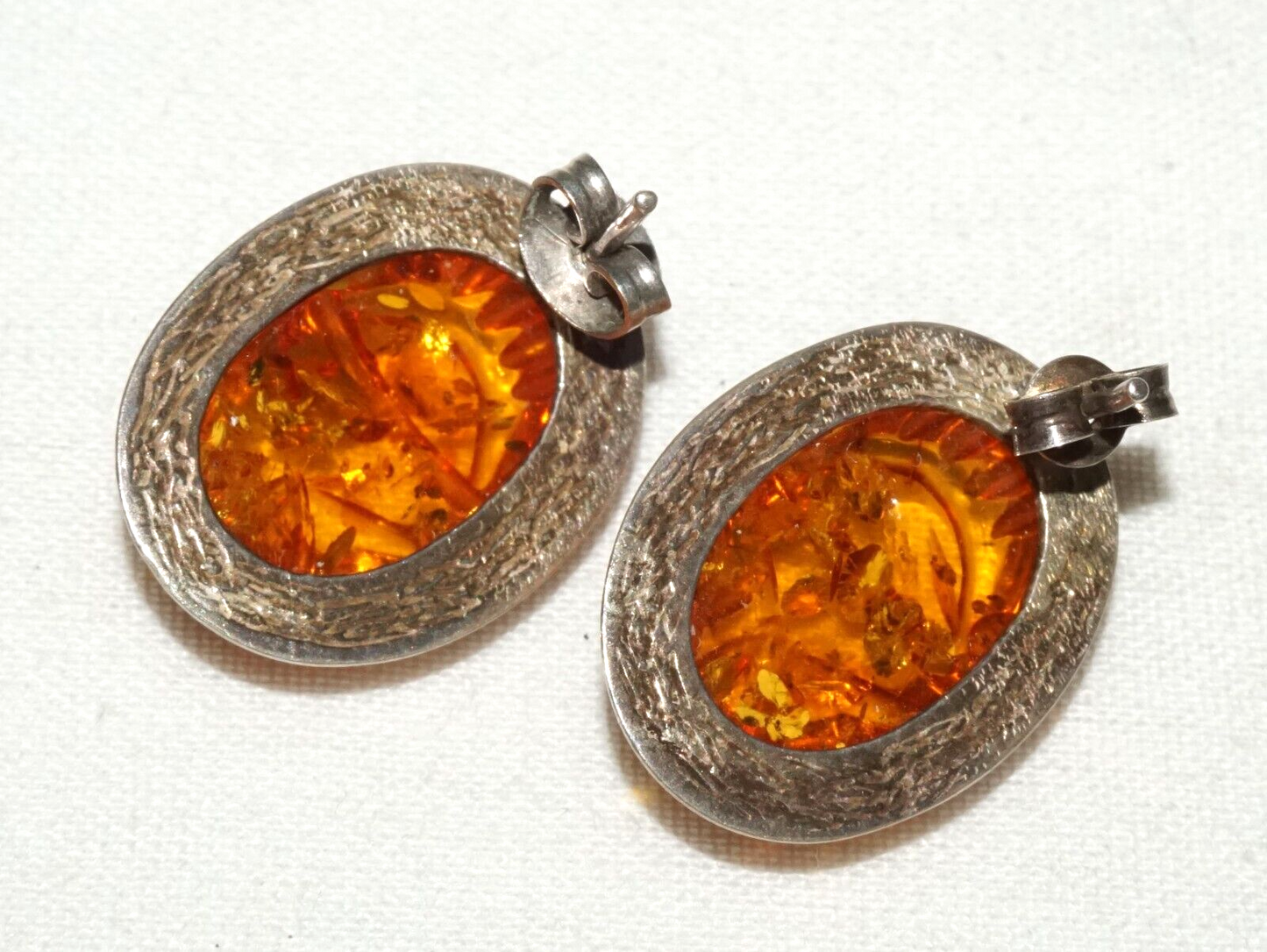 Pair Chinese Sterling Silver Earrings set w. Amber Cabochon (KoS) L12