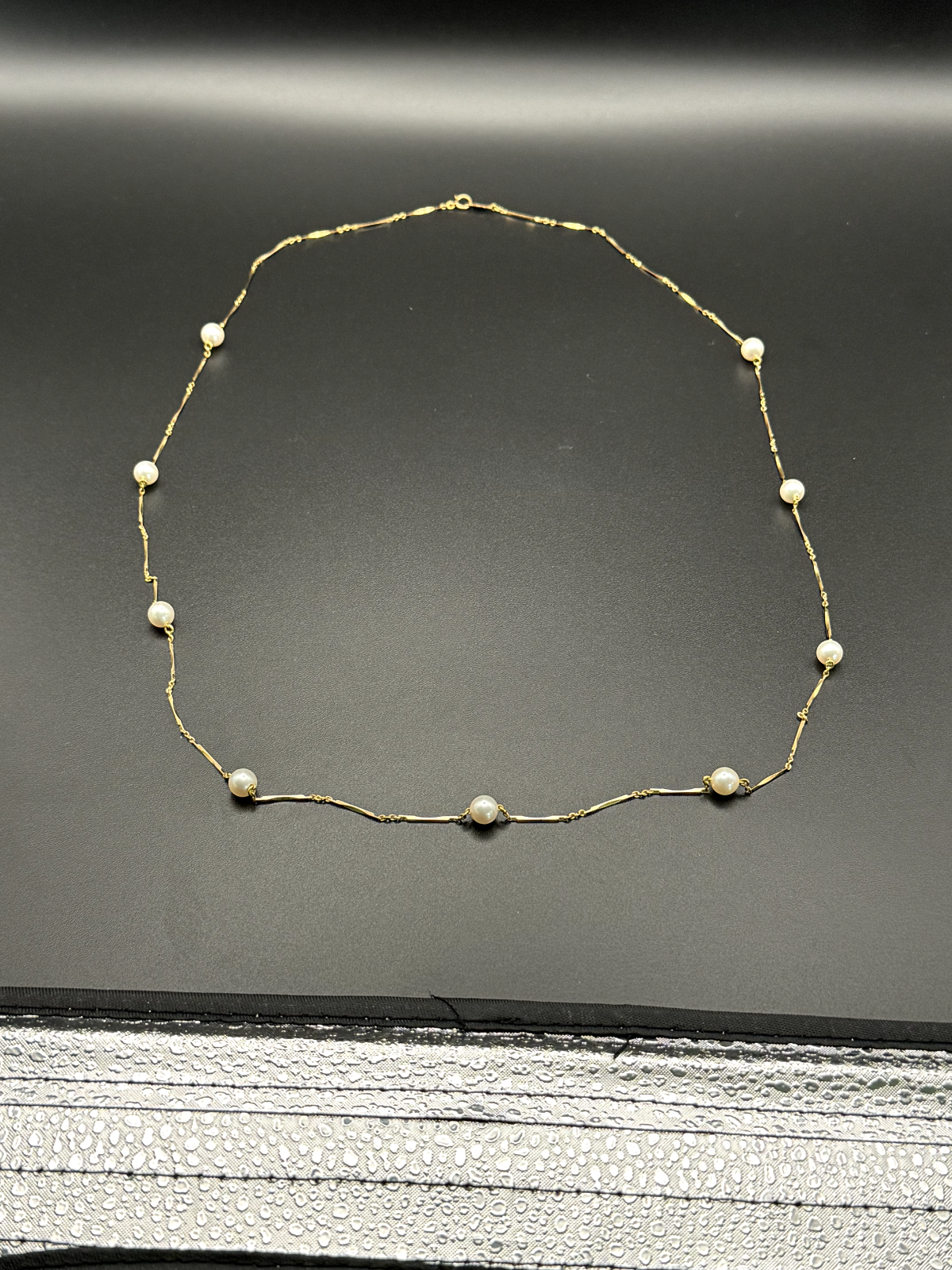 18k Yellow Gold & Bar & Bead Pearl Necklace 31" w Spring Ring Clasp (MeK)