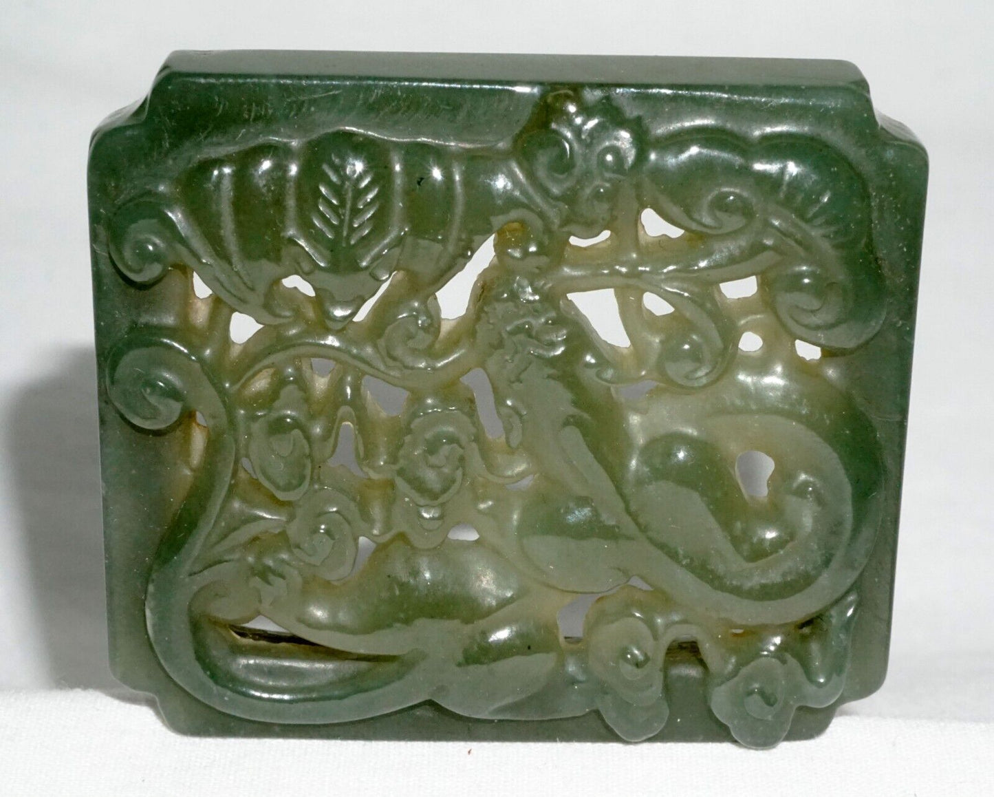 Antique Chinese Dark Green Nephrite Jade Pierced Cover Dragon Lingzhi Bat (---)