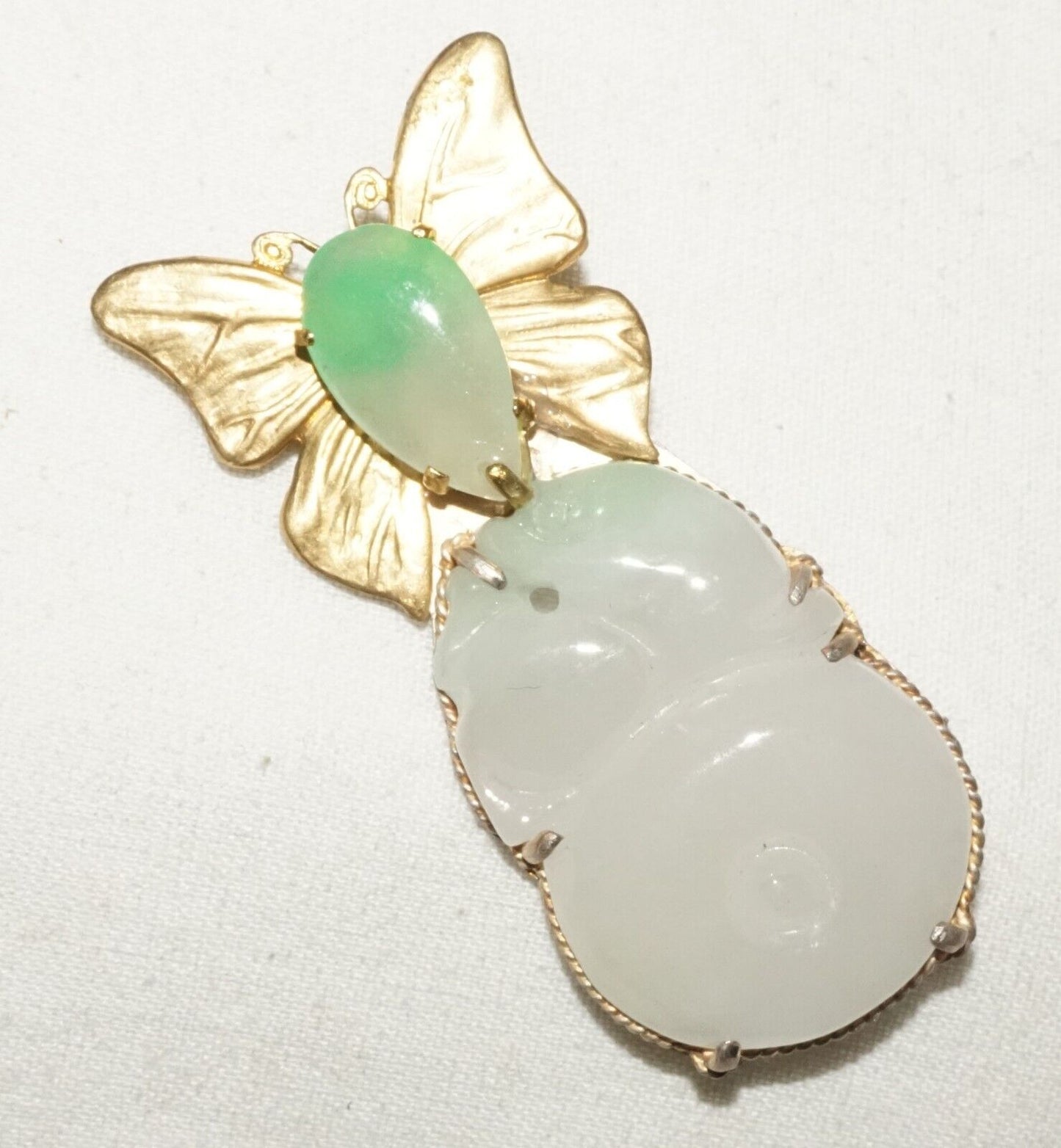 Vintage Chinese Fashion Jadeite Jade Butterfly Motif Brooch Pendant (LeP)