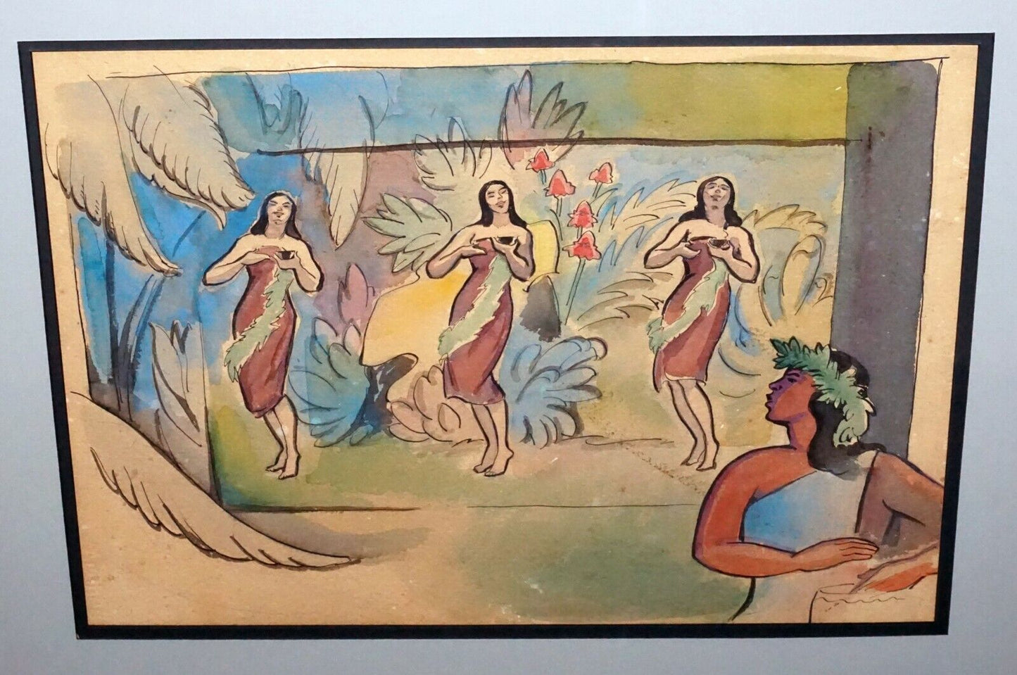 '40s Hawaii Ink & WC Painting Hula Dancers Robert L. Eskridge (1891-1975)(BeG)