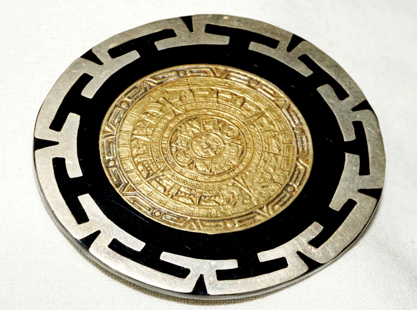 Vintage Mexico Alpaca Silver & Gold Mayan Calendar Plaque Brooch Pin (LeS)L24