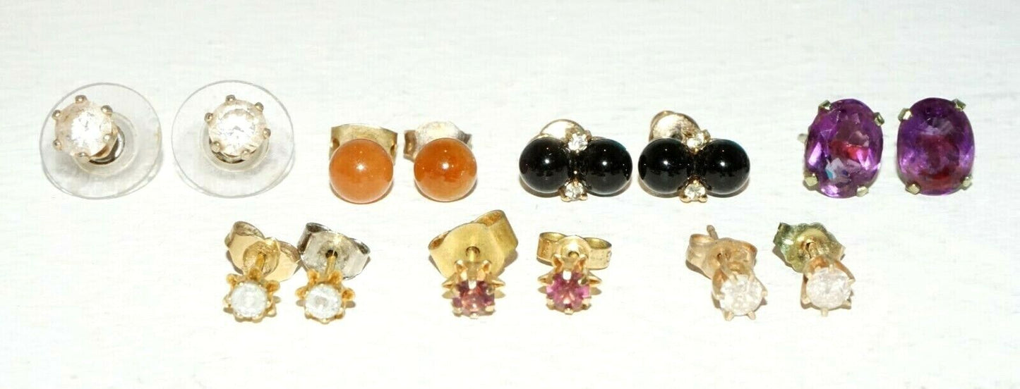 7x Pairs Stud Earrings w. Onyx Diamonds Jade Amethyst & Synthetic Gems (BrM)#41