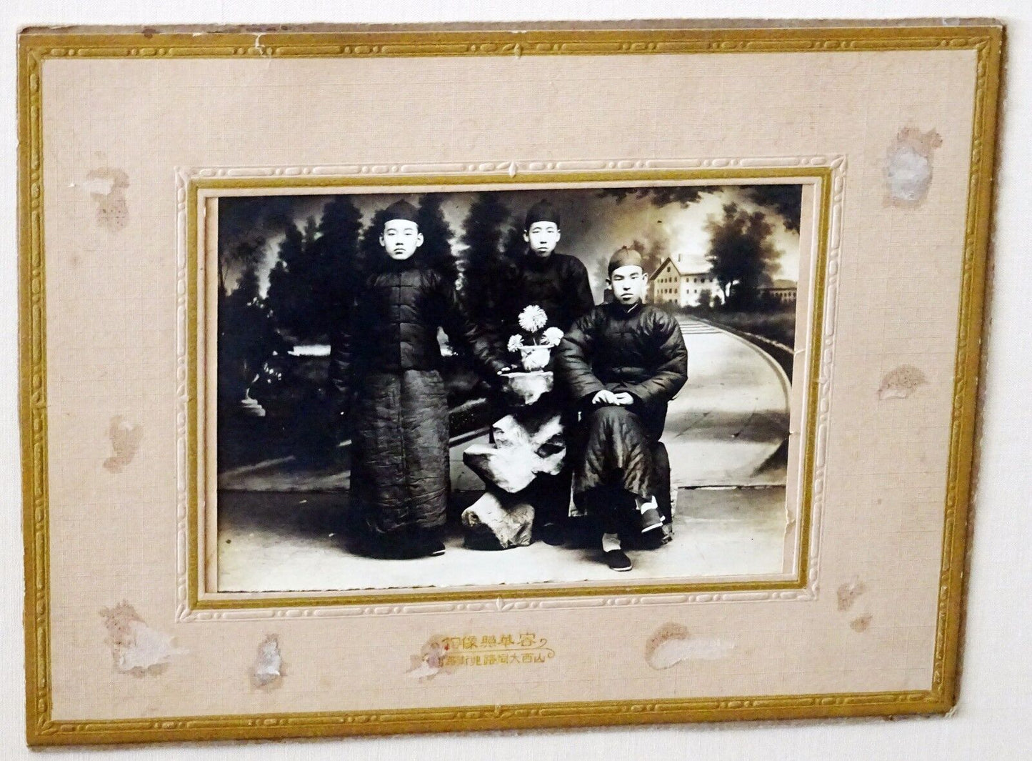 1900 Chinese Framed B&W Photo "Three Young Man" by unknown maker (Mil)