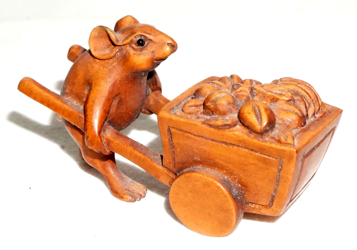 Vintage Japanese Carved Wooden Netsuke Mouse Pushing a Cart (FeH
