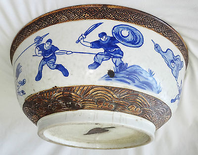 EARLY 20CT CHINESE BLUE & WHITE LG STONE WARE BOWL w. WARRIOR MOTIFS (BTG)