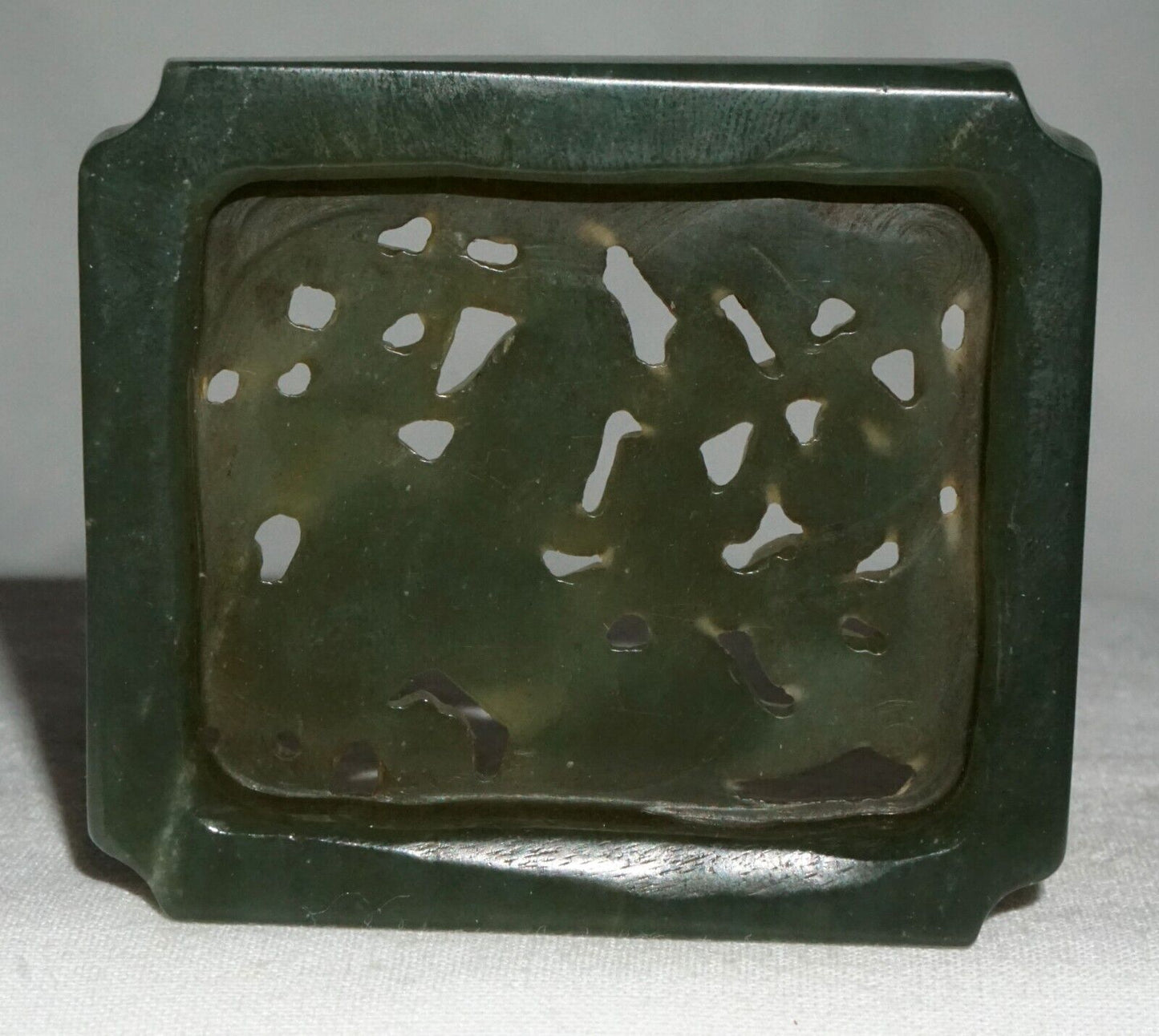 Antique Chinese Dark Green Nephrite Jade Pierced Cover Dragon Lingzhi Bat (---)
