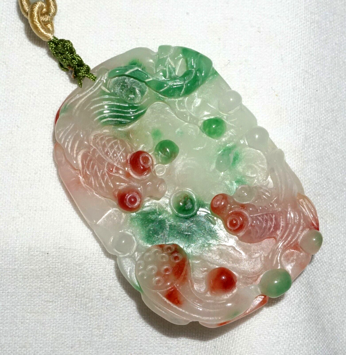 Vintage Chinese Semi Translucent Jadeite Jade Pendant w. Goldfish Motifs (---)
