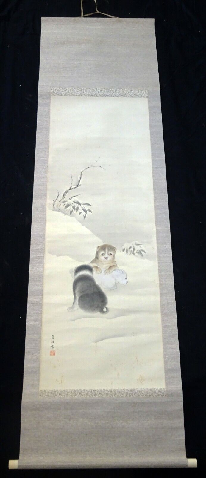 20C Japanese Showa Painting Scroll "Three Puppies in Snow" by Sosen (AHB)