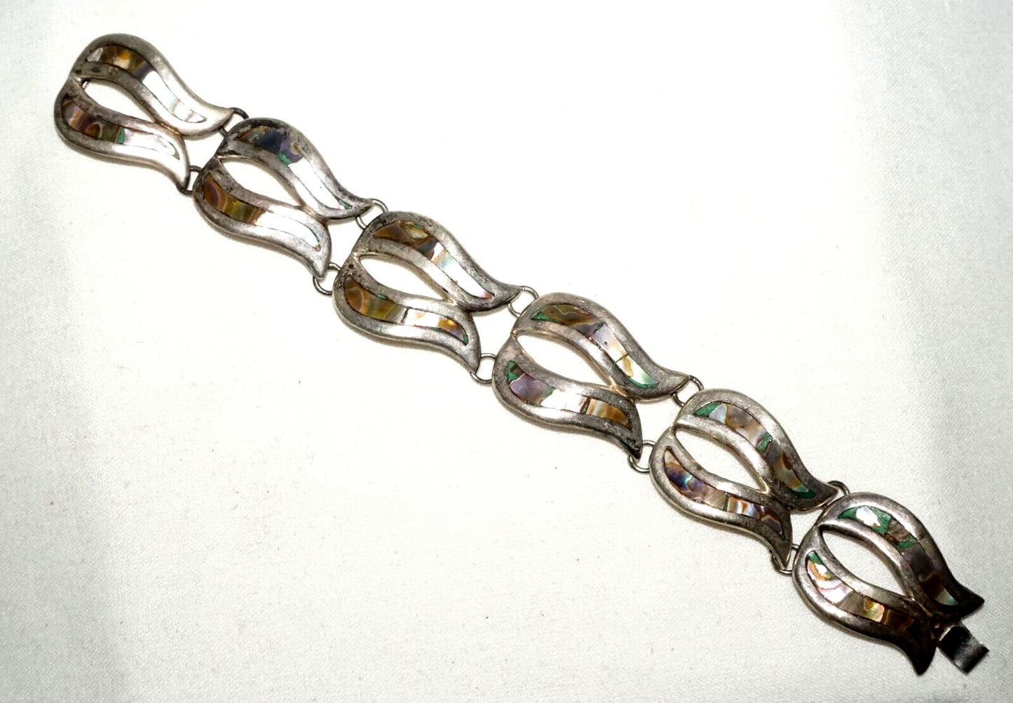 Vintage Mexican Modernist Sterling Silver & MoP Link Bracelet by DHS (TuD)