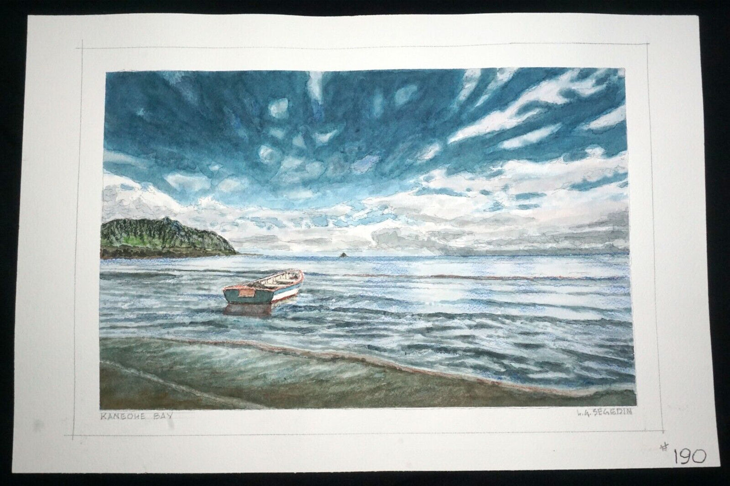 Hawaii Watercolor Painting Kaneohe Bay w. Boat by Larry Segedin #190