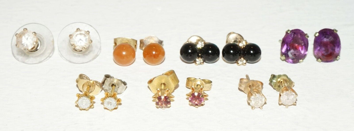 7x Pairs Stud Earrings w. Onyx Diamonds Jade Amethyst & Synthetic Gems (BrM)#41
