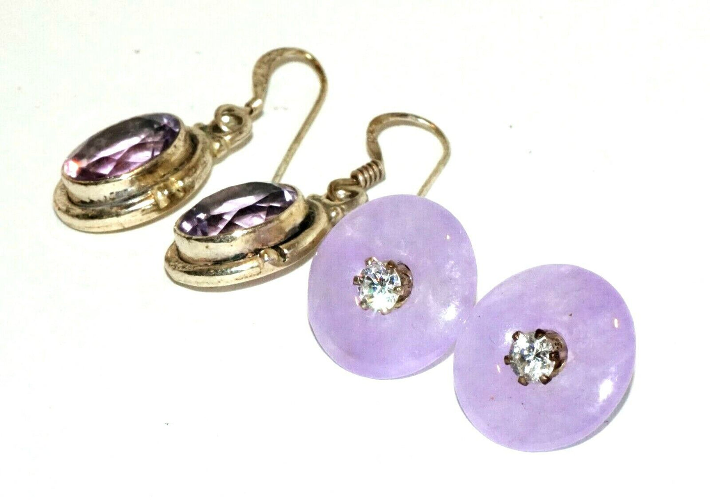2xPairs Modern Silver Earrings w. Amethysts and Lavender Jade & CZ (HaL)#24