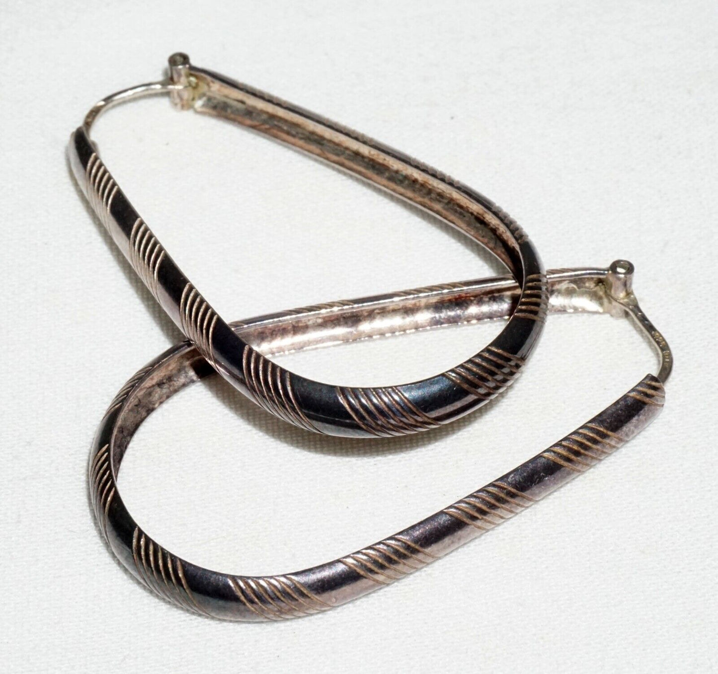 Pair Vintage Italy Modernist Sterling Silver Elongated Oval Hoop Earrings (JoD)