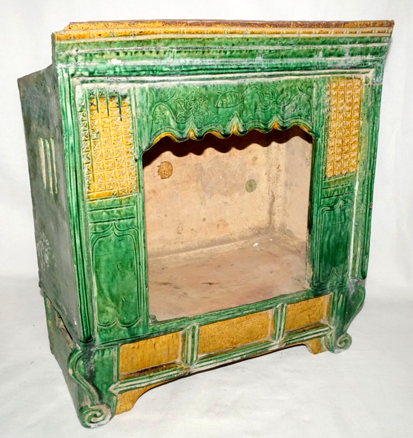 Antique Chinese Ming Green & Yellow Glazed Stoneware Mini Bed in Box (UVi)#11 IC