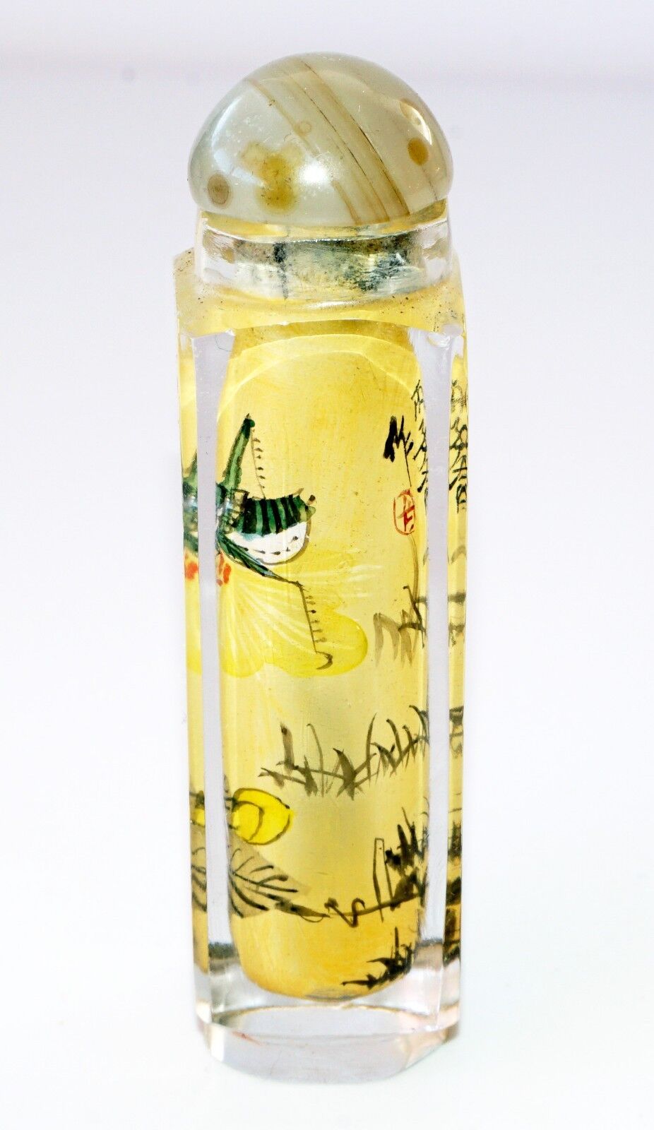 20C Chinese Square Inside Painted Glass Snuff Bottle w. Hard-stone Stop (Pal)