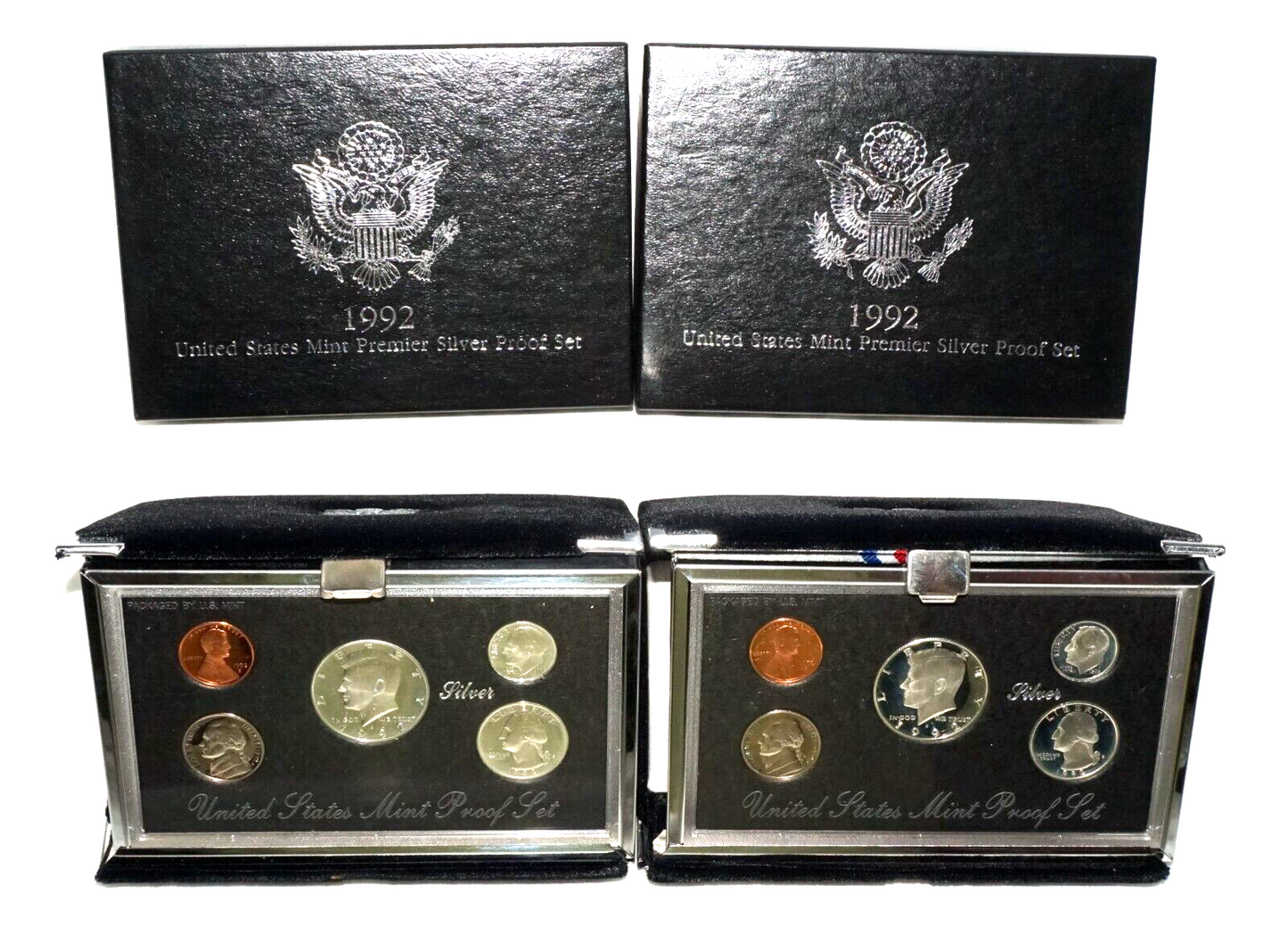 2Pc 1992 US Mint Premier Silver Proof Set in Boxes w. COA (KiL)