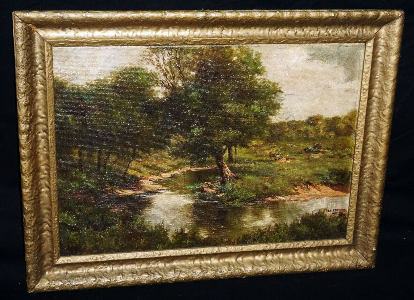 1911 US Framed Oil Painting Country Stream & Tree by L.H. Lemong (?) (New)