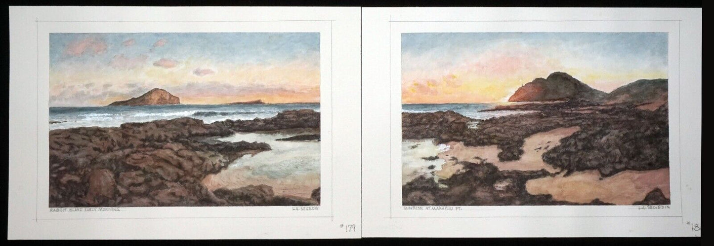 Hawaii Watercolor Diptych Painting Makapuu Rabbit Island by L. Segedin #179/80