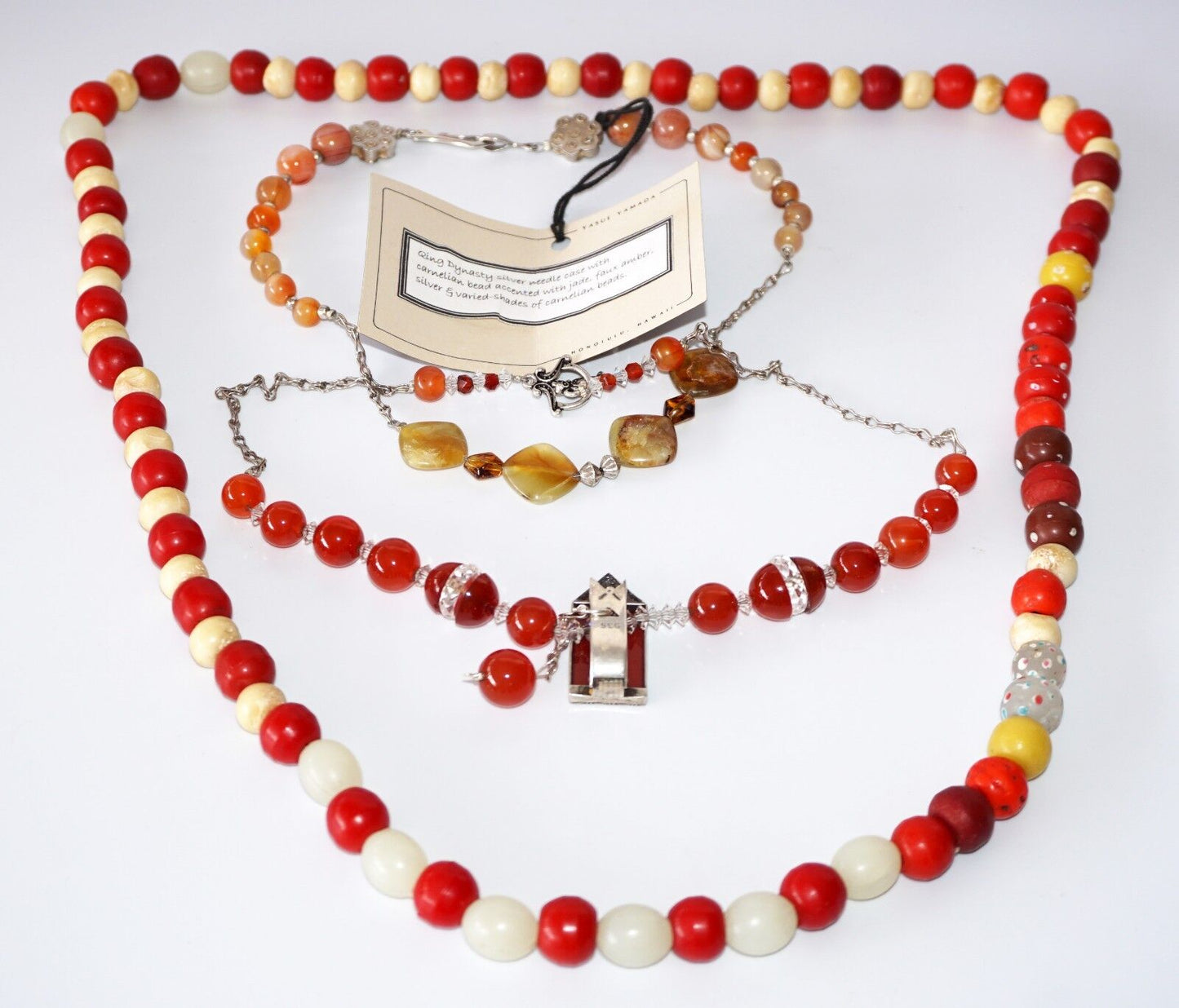 3x Chinese Mixed Bead Necklaces w. Jade & Coral & Silver by Yasue Yamada (Yam)#6