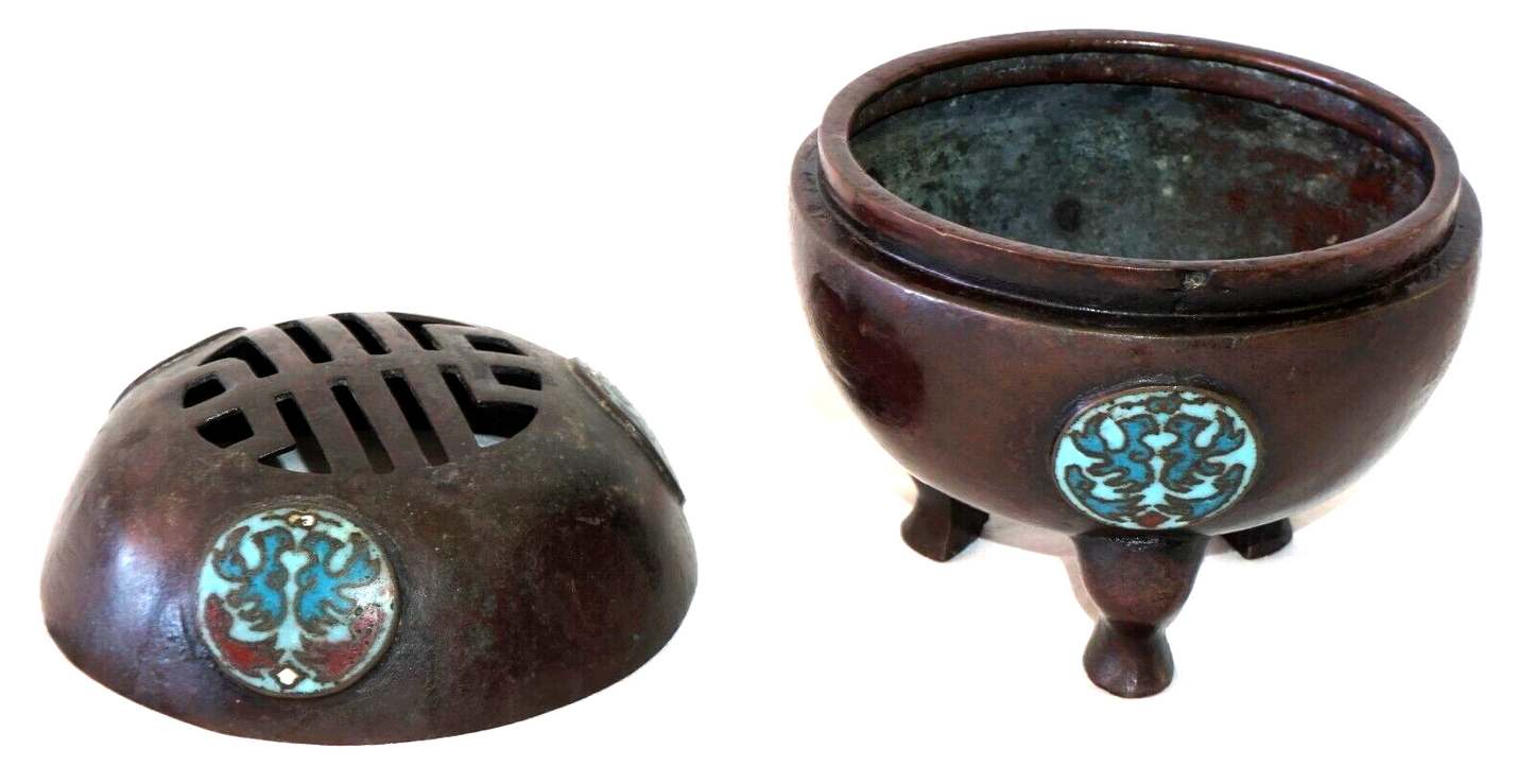 19C Chinese Qing Bronze Globular Tripod Incense Burner Champlevé Medallions (ChB