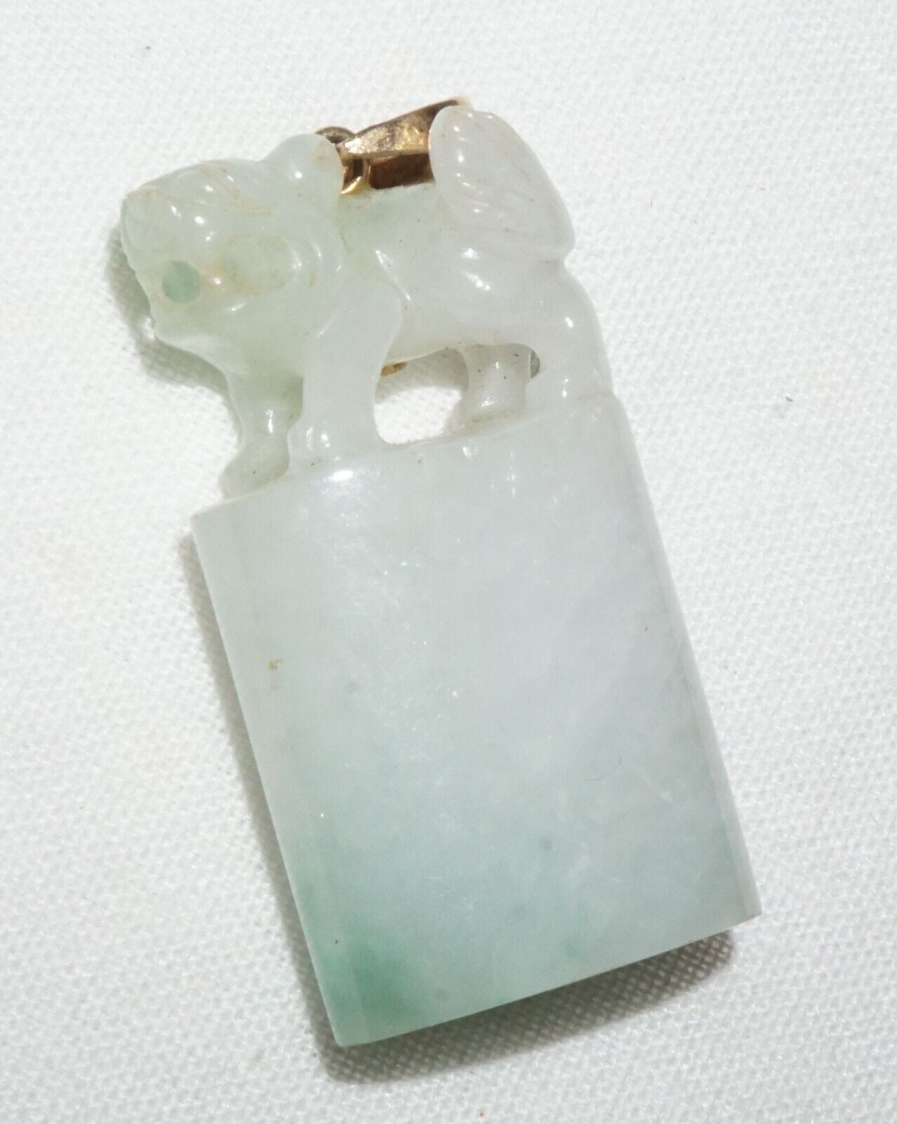 Vintage Chinese 14k Yellow Gold set Jadeite Jade Mini Seal Style Pendant (FeL)