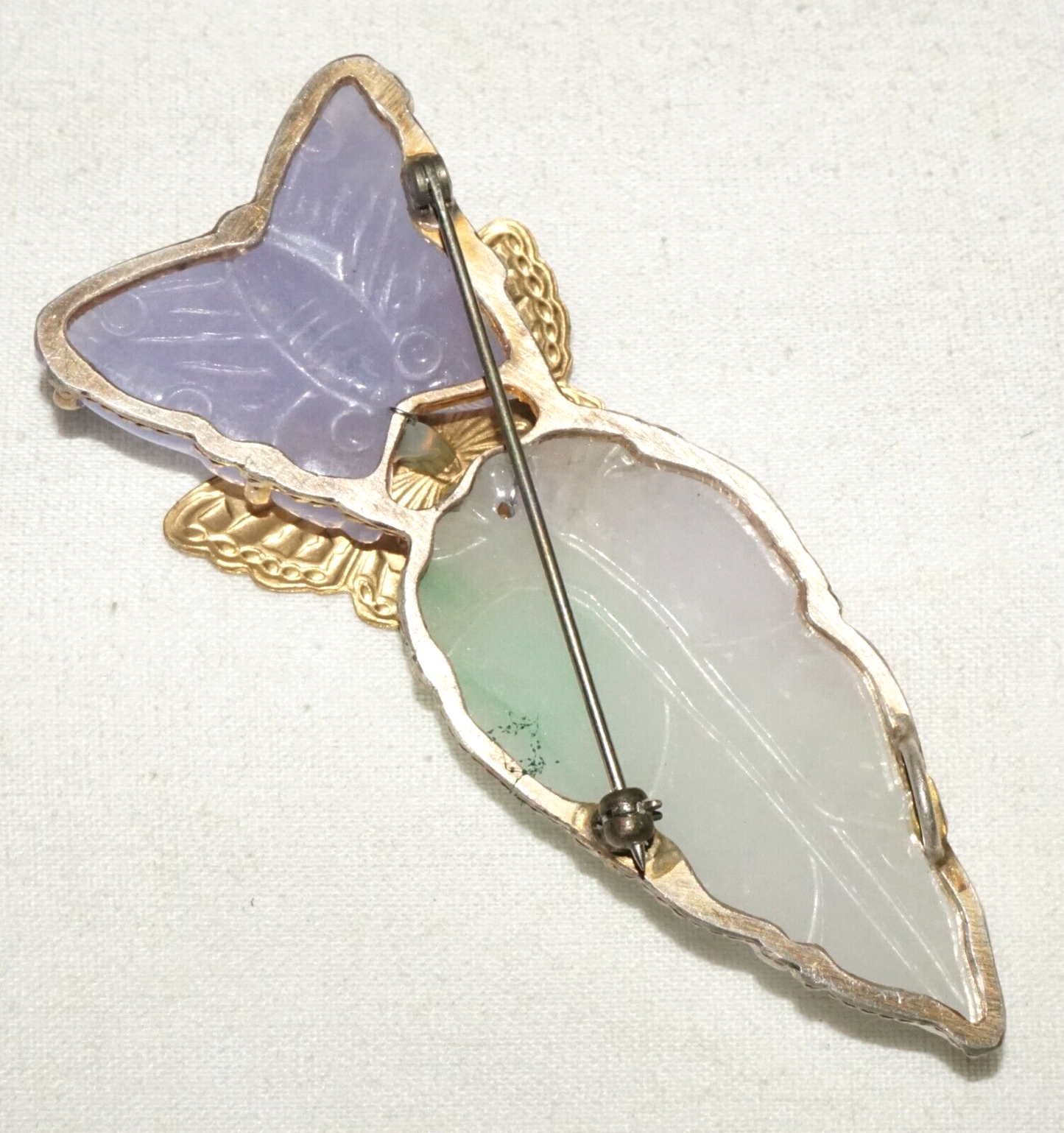 Vintage Chinese Fashion Lavender Jade Butterfly & Leaf Brooch Pendant (LeP)