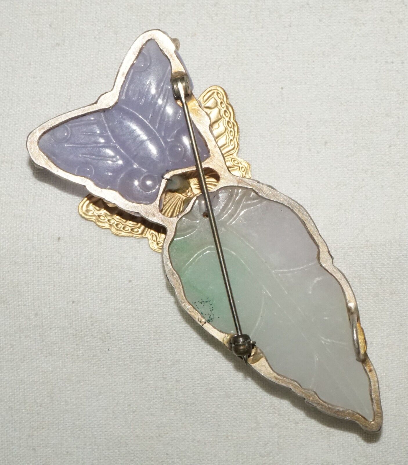 Vintage Chinese Fashion Lavender Jade Butterfly & Leaf Brooch Pendant (LeP)