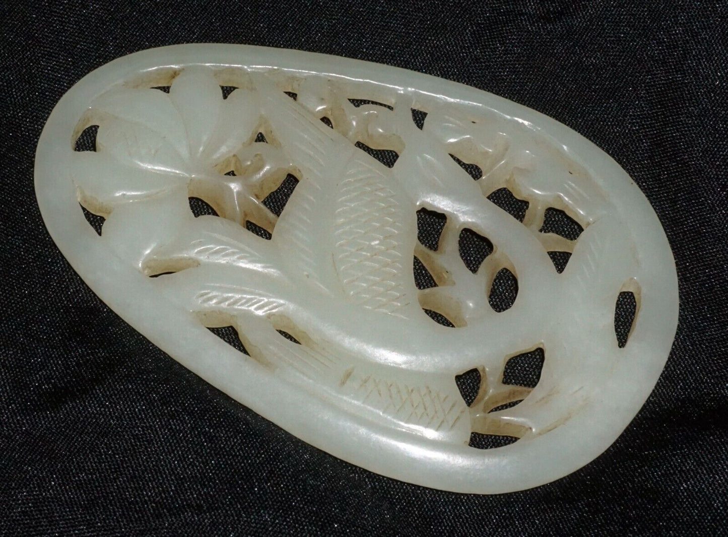 Antique Chinese Nephrite Jade Pierced Pendant Crane & Floral Motifs (---)