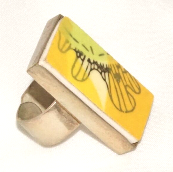 Vintage Silver Plated Abstract Sunflower Petal Tile Ring Adjustable Size (LoC)L2