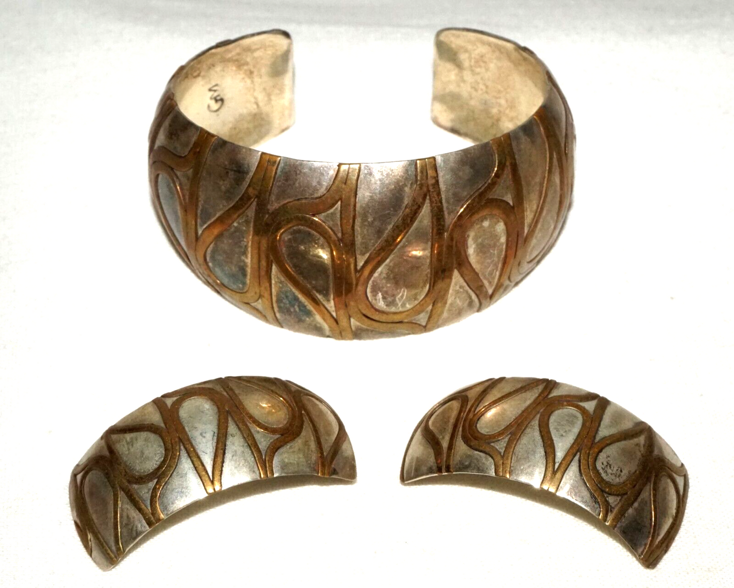 3Pc Vintage Silver & Brass Curvilinear Motif Cuff Bracelet & Earring by GM (KiL)