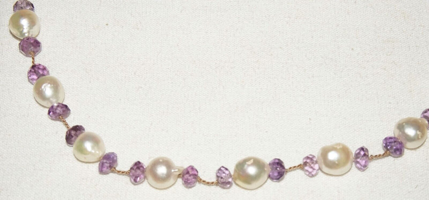 Vintage Sterling Silver Necklace w. Baroque Pearls & Facetted Amethyst (LeP)