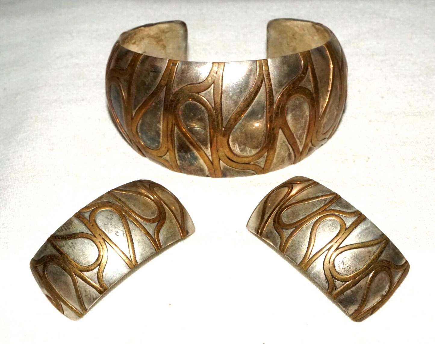 3Pc Vintage Silver & Brass Curvilinear Motif Cuff Bracelet & Earring by GM (KiL)