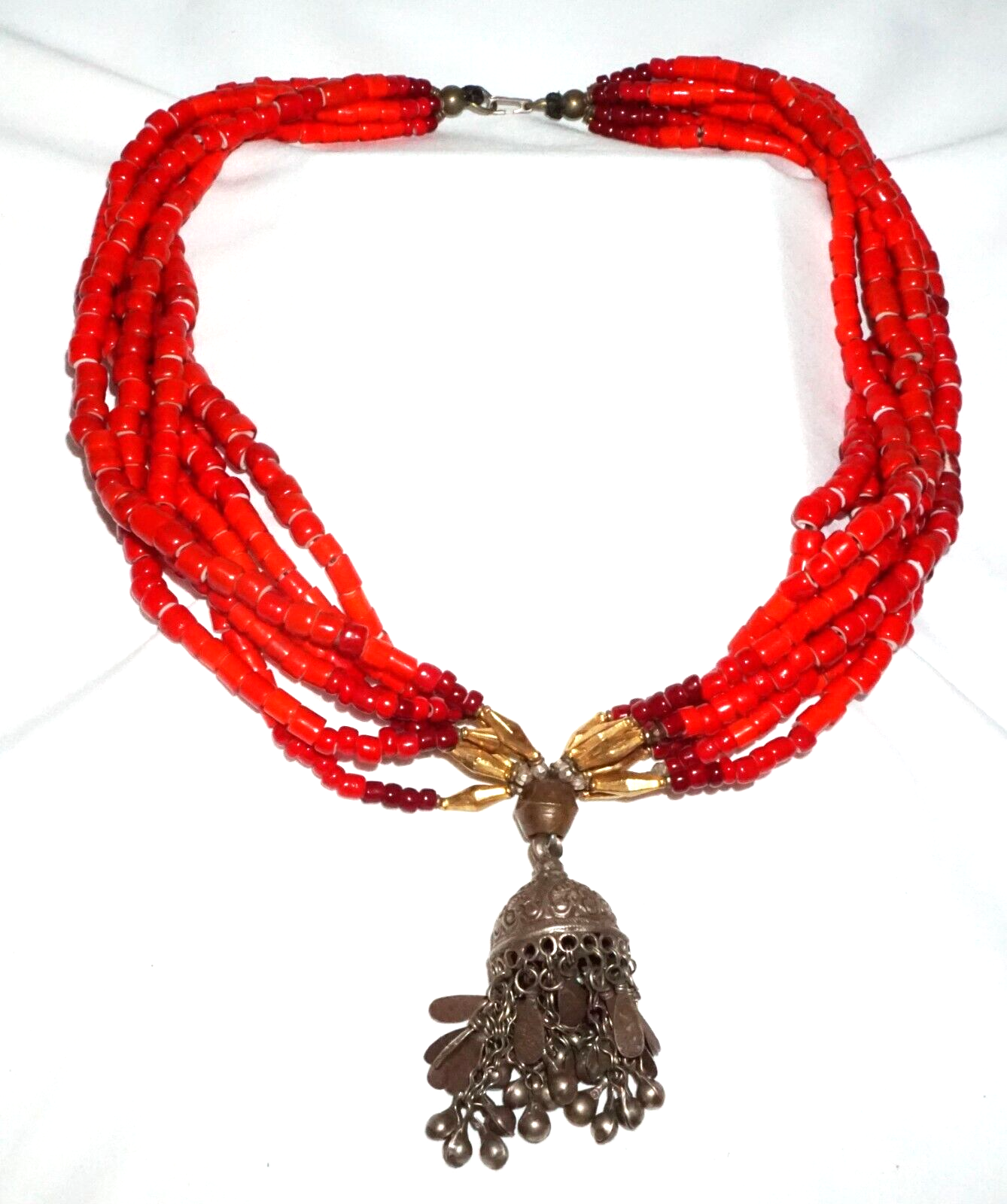 Vtg Chunky 7x Strand Red Glass Bead Necklace Bell Pendant Masha Archer (GeB)#16